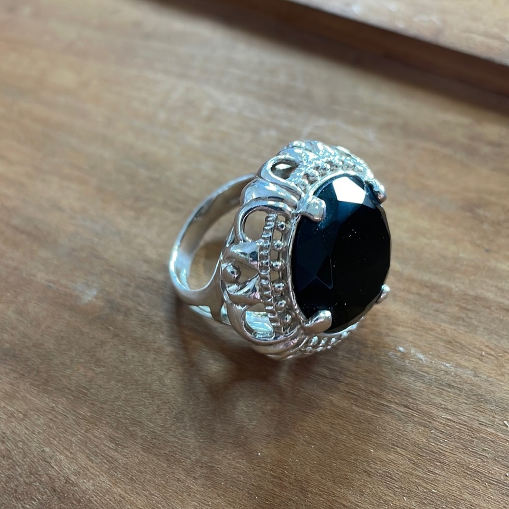 Sliver NF 925 Statement Cocktail Ring  Large Black Glass Center  Size 10